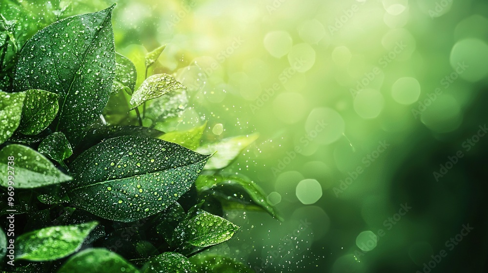 Canvas Prints   A green plant with drops of water on its leaves and a blurred background