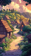 Fototapeta premium A serene illustration of quiet village with thatched roofs and blooming flowers