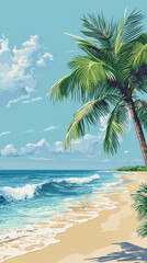Obraz premium A serene illustration of tranquil beach with palm trees and gentle waves