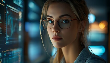 Obraz premium Woman with glasses in front of digital data display