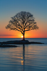 Tree Silhouette on Ocean Water at Sunset