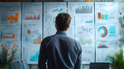 A man is looking at a wall of graphs and charts