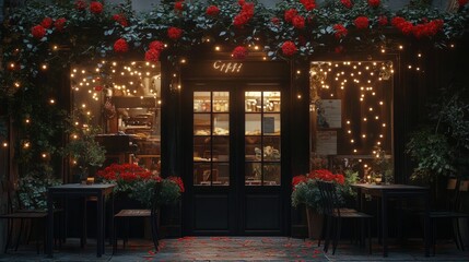 Naklejka premium Charming outdoor cafe with vibrant red flowers in the evening near a cozy street
