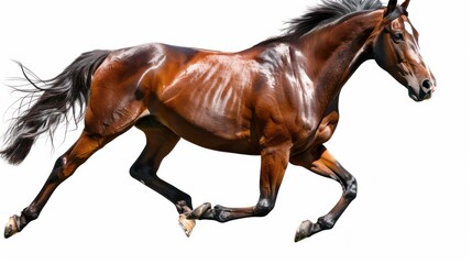 Obraz premium A brown horse with a black mane and tail runs on a white background.