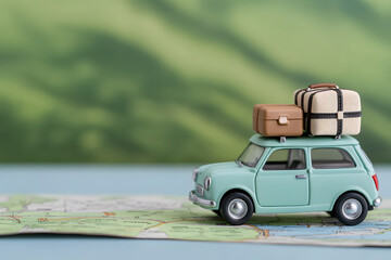 Vintage Toy Car with Luggage on Roof on Map, Nostalgic Travel and Adventure Concept