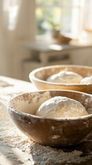 Fototapeta premium A serene view of kitchen with dough rising in bowls, creating warm atmosphere