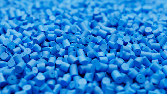 Closeup of blue plastic polypropylene granules, masterbatch polymer grain with shallow dof. HDPE or PVC resin pellets. 3d render illustration