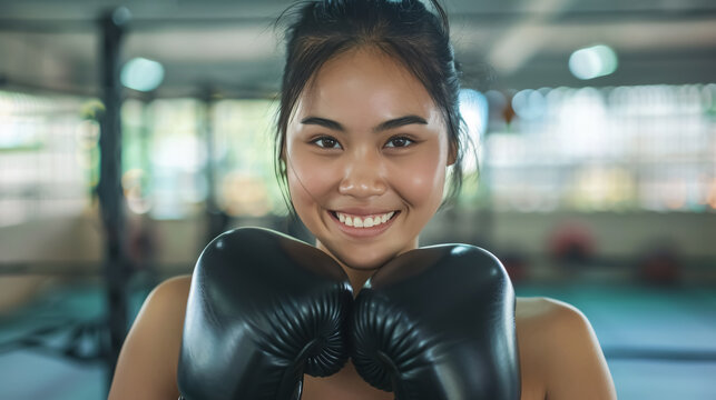 Boxer woman smiling happily, wearing black boxing gloves. Portrait of a fit Asian model in a boxing gym.