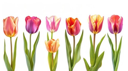 Fototapeta premium Seven colorful tulips isolated on white background.