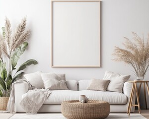 Contemporary Scandinavian Living Room, Blank Poster Frame Mock-Up