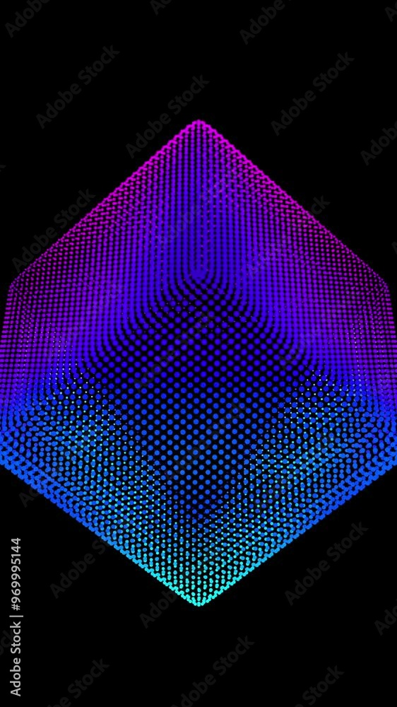 Poster looped distortion waves on abstract cube of particles. digital data splash of box point array. futur