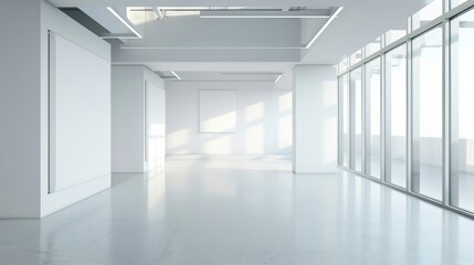 Obraz premium Empty white room with large windows and a blank canvas, sun beams shining through the windows.
