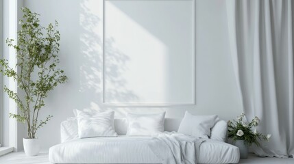 Minimalist Scandinavian Living Room Interior with White Sofa and Floral Decor, Mock Up Background