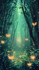 A serene fantasy forest with glowing butterflies and soft light