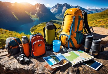 dynamic travel insurance coverage displayed essential travel equipment accessories adventurers explorers, protection, journey, essentials, trip, safety, wanderlust