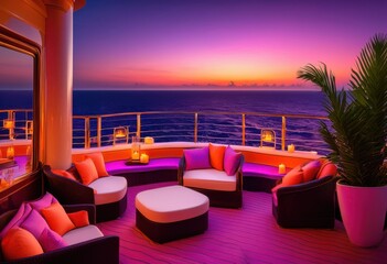 Fototapeta premium luxurious cruise ship deck offering breathtaking sunset panorama vibrant colors relaxing atmosphere, luxury, ocean, water, sky, clouds, evening, horizon