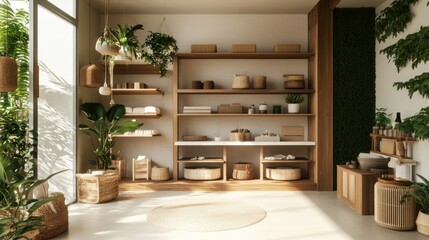 Fototapeta premium Minimalist Interior Design with Natural Elements and Wooden Shelving