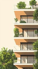 A modern residential building with lush greenery and balconies