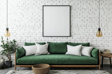 Nordic Living Room Interior with Green Sofa on White Brick Wall Mockup Background