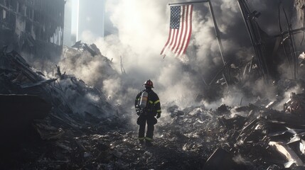 Firefighter Standing in the Aftermath of a Disaster.