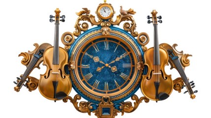 A golden clock with a blue face and Roman numerals, flanked by two golden violins with black strings. The clock has ornate gold details and a bird on top.