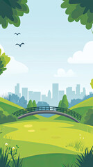 A serene illustration of pedestrian bridge connecting lush greenery and city skyline