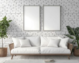 Scandinavian Modern Interior with White Sofa and Gallery Frames, 3D Rendering