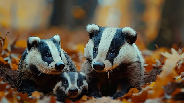 A playful family of badgers is seen in the vibrant autumn forest, nestled among fallen leaves as they explore their surroundings together.