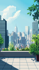 Fototapeta premium A vibrant rooftop garden with stunning city view, showcasing greenery and urban life