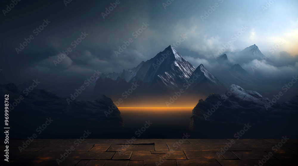 Wall mural a mountain range with a lake in between. there is space for text.