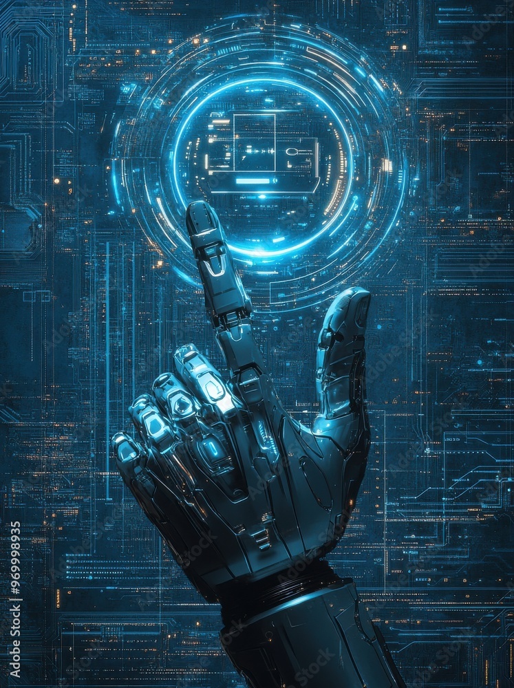 Poster futuristic digital background with ai robot hand interacting with holographic interface displaying a