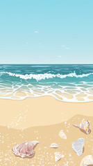 Obraz premium A serene beach scene with gentle waves and seashells scattered on sand