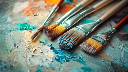 Obraz premium Assorted paint brushes resting on a palette, ready to create. The variety of brush sizes and shapes allows for diverse artistic expression