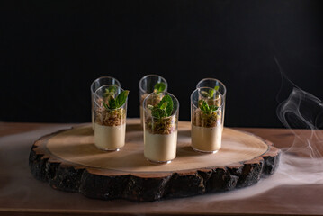 Gourmet Dessert Presentation on Rustic Wooden Platter