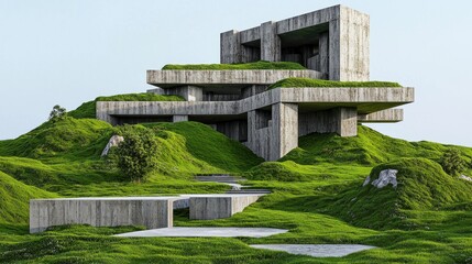 Brutalist Harmony: Concrete Structures and Green Landscapes Merge in Architectural Collage