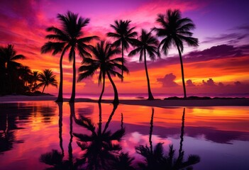 Obraz premium vibrant palm tree silhouettes framed stunning sunset hues purple creating breathtaking tropical scene, orange, pink, landscape, nature, sky, cloud, dusk