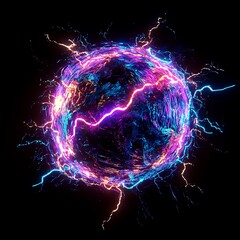 Abstract glowing sphere with energy discharge, neon lighting effect