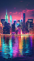 Fototapeta premium A vibrant depiction of city skyline at dusk with colorful reflections
