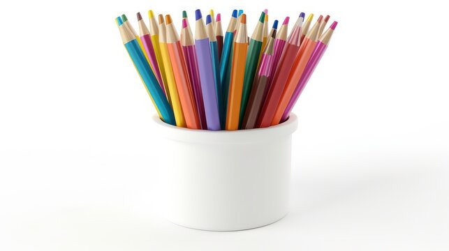 Colorful pencils in a white cup against a white background. - Powered by Adobe