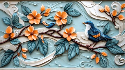 Fototapeta premium Whimsical Art Nouveau Mural with Flowing Vines, Birds, and Flowers in Vibrant Colors