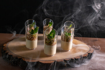 Gourmet Dessert Presentation on Rustic Wooden Platter