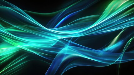 Fototapeta premium Abstract turquoise and green light streaks on black background.