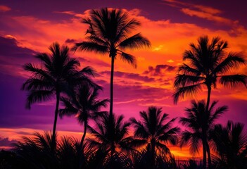 Obraz premium vibrant palm silhouettes framed stunning sunset backdrop rich colors dramatic sky, orange, yellow, blue, clouds, light, evening, tree, nature, landscape