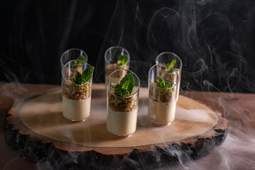 Gourmet Dessert Presentation on Rustic Wooden Platter