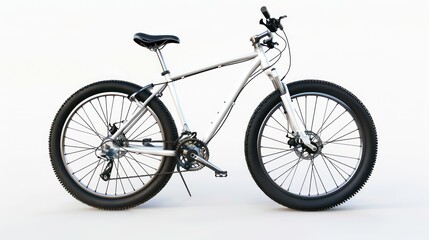 Fototapeta premium A silver mountain bike with black tires and a black seat isolated on a white background.