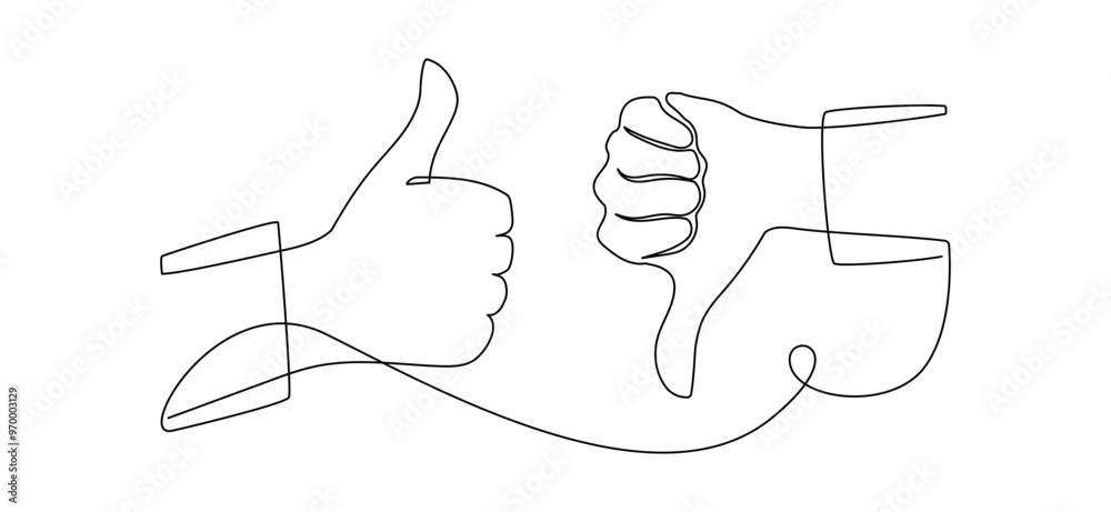 Leinwandbilder Thumbs up and down in one continuous line drawing. Hand showing like and dislike in simple linear style. Positive and negative finger in editable stroke. Doodle contour vector illustration