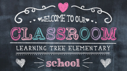 Chalkboard-themed "Welcome to Our Classroom" sign with colorful, playful lettering. Ideal for classroom decorations, welcome messages, and educational posters.