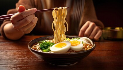 Eating hot noodles with boiled egg and green onion with wooden chopsticks in ceramic bowl on wooden table 