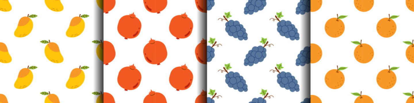 Vector set of seamless patterns with tropical fruits and berries. Pomegranates, oranges, mango and grape. Exotic fruits on white background. Summer prints with fruits. Wrapping design collection.