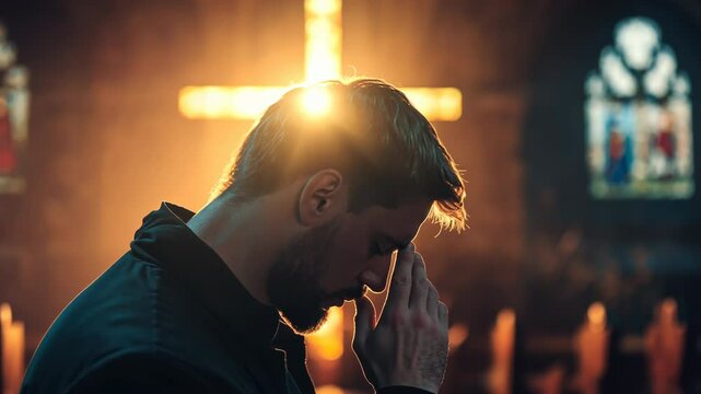 Silhouette of man praying in church, illuminated cross in background. Devout worshipper bowing head before glowing Christian symbol. Intimate moment of faith and spiritual reflection in sacred space